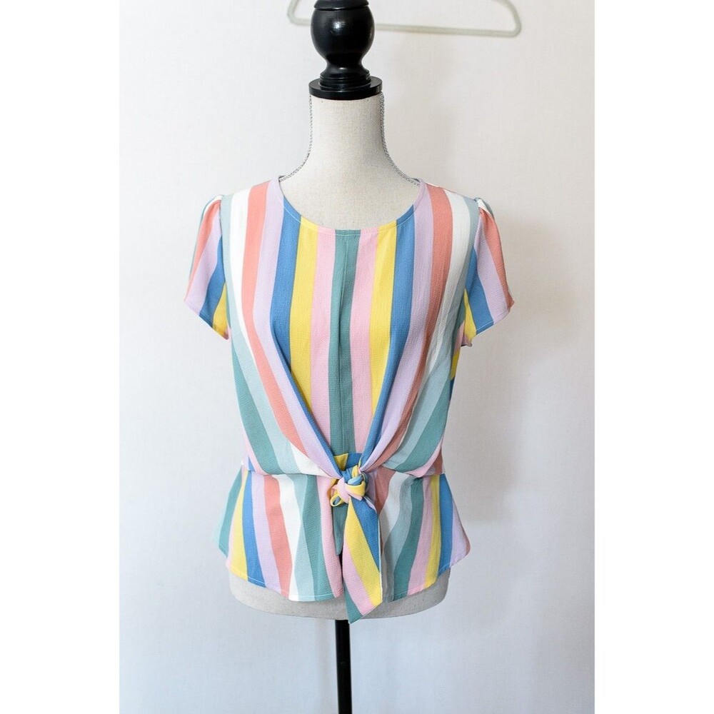 E & M Blouse Medium rainbow striped Top M Easter Spring E&M preppy